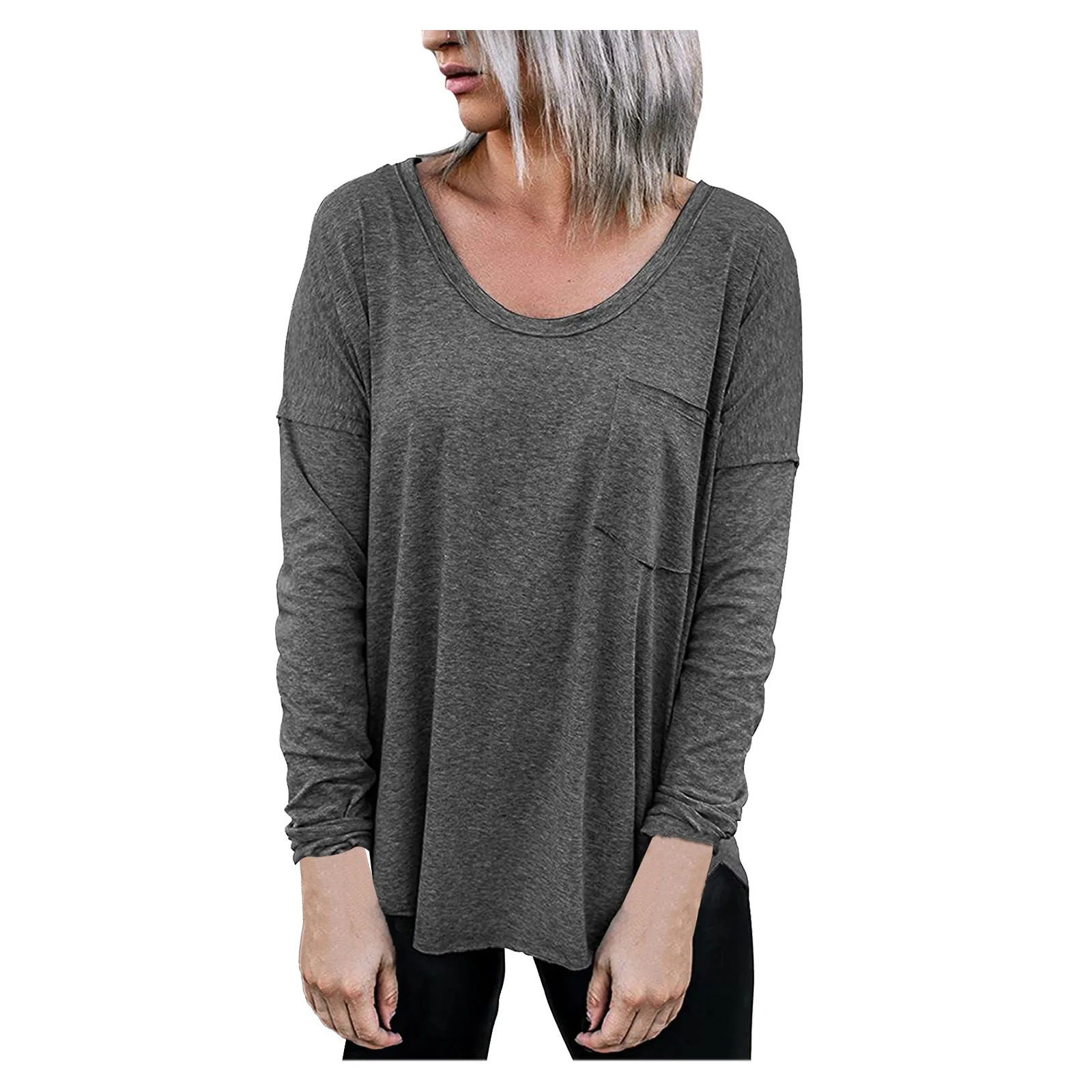 

Womens Long Sleeve Tunic Tops Round Neck Casual Shirts With Pocket Loose Blouses