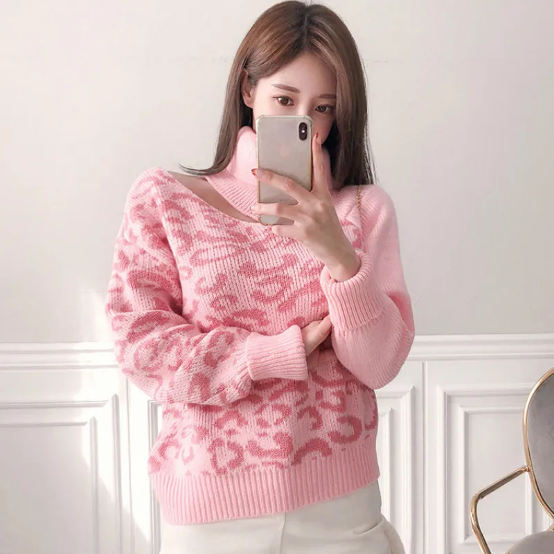 

Sweater 2020 Female Winter Pink Leopard Irregular Pullover Long Sleeved Casual Knitting Cloth