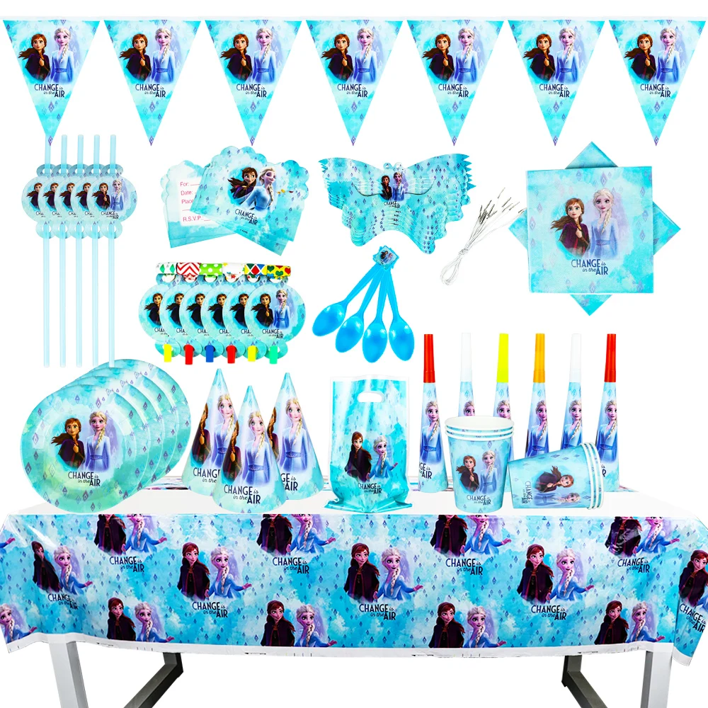 

Disney Blue Cartoon Frozen Party Disposable Cutlery Sets Napkins Paper Plates Tablecloth Flag For Child Birthday Decor Supplies