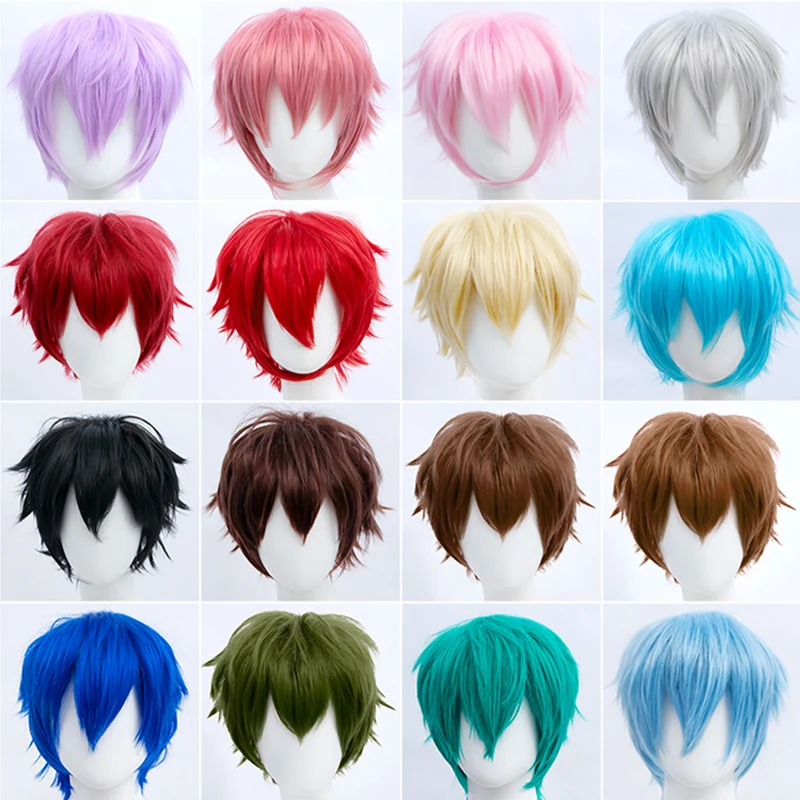 AOOSOO Short Synthetic Cosplay Straight Wig For Men 23 Colors Halloween Handsome Messy Pink Short Wig With Bangs