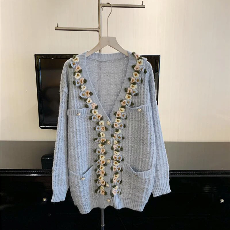 Runway 2021 Autumn Christmas Handmade 3D Flowers Sweater Midi Cardigans Blue Single Breasted Coat Winter Clothes Brand Design |