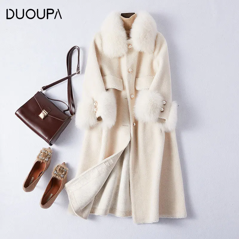 DUOUPA2019 зимняя новая модная меховая шуба консервированная овечья стриженая шуба женская длинная куртка с лисьим меховым воротником из овечьей шерсти темперамент