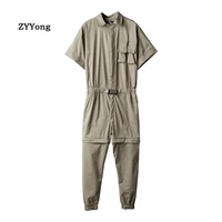 zyyong summer mens short sleeved jumpsuit lapel knee detachable hip hop casual beam feet mens overalls joggers mens pants