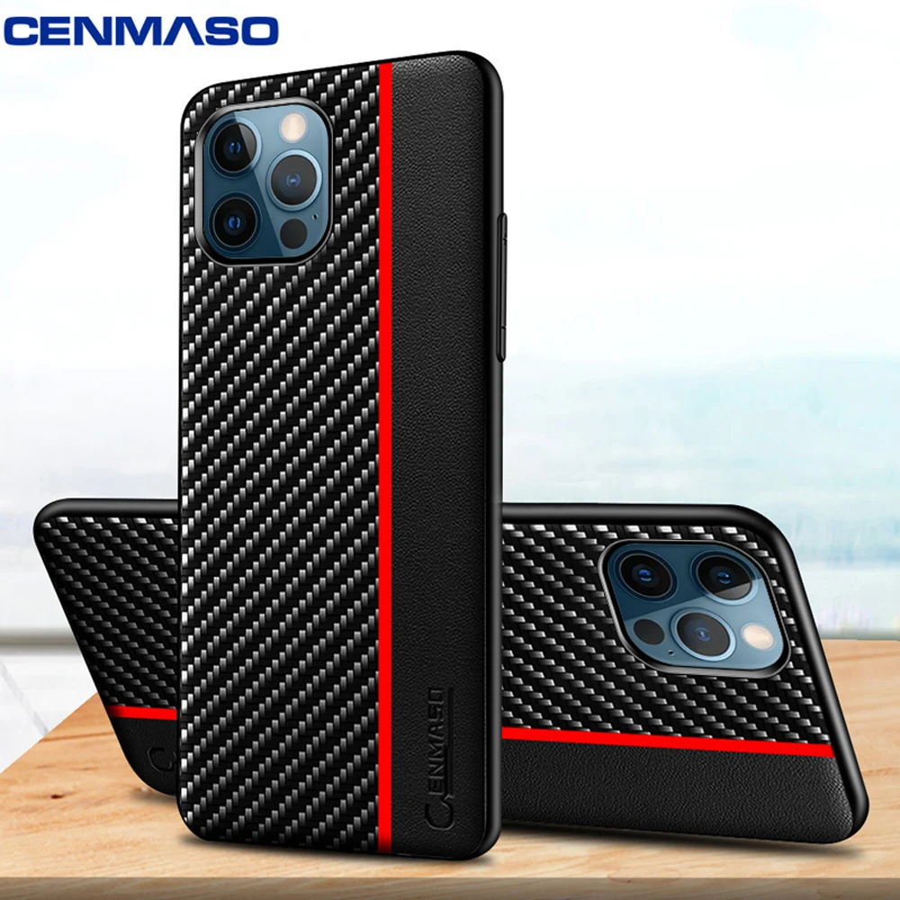 Для IPhone 12 Mini 11 Pro Max чехол CENMASO Оригинал углеродное волокно текстура кожа задняя
