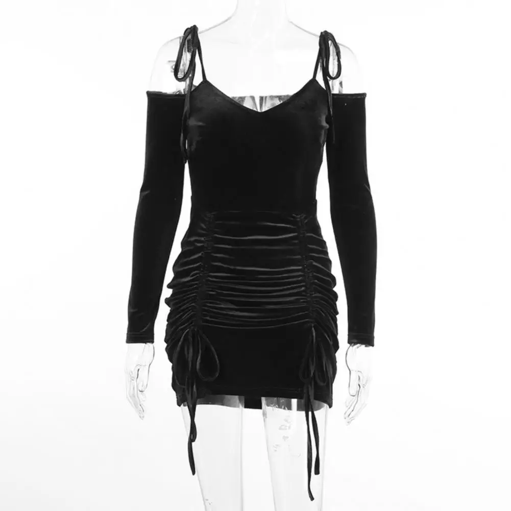 

Women Sexy Dress Off Shoulder Spaghetti Straps Above Knee Dress Fashion Ruched Split Hem Bodycon Slim Mini Dress for Autumn