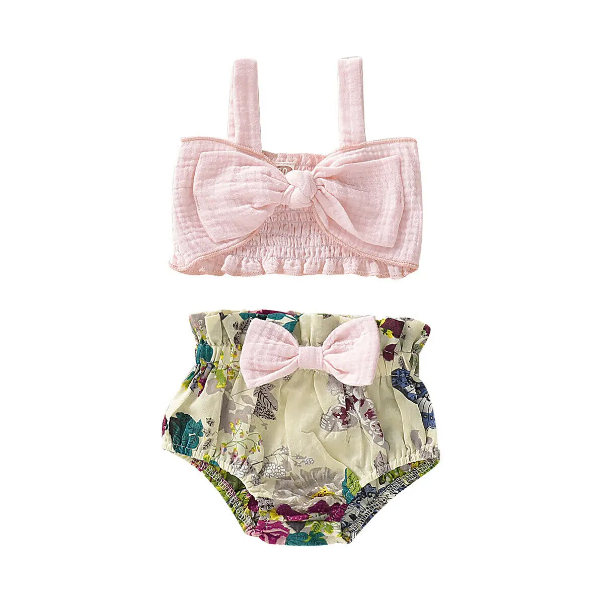 

Летняя одежда для маленьких девочек, одежда для малышей, жилет, топ, шорты, штаны, комплект из 2 предметов, топ с бантом + шорты с цветочным при...