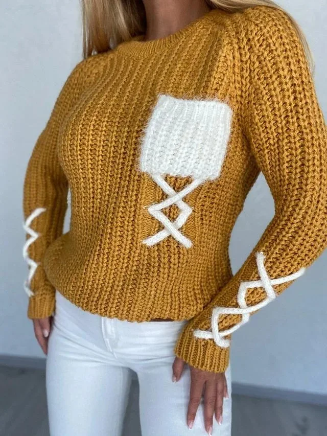 

Donsignet Fashion Women's Sweater Round Neck Tether Pure Color Pit Pocket Casual Knitted Long-sleeved Sweater Lady Sweaters