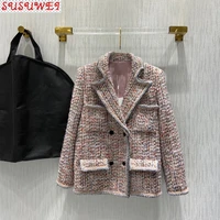 luxury design 2021 spring fall cotton blend high quality tweed silk lined double breasted blazer