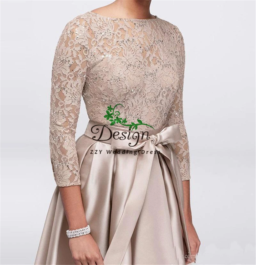 

2020 Champagne Lace Plus Size 3/4 Sleeves Satin High Low Sashes Mother of Groom Dresses Custom-Made vestidos de madrina Bows
