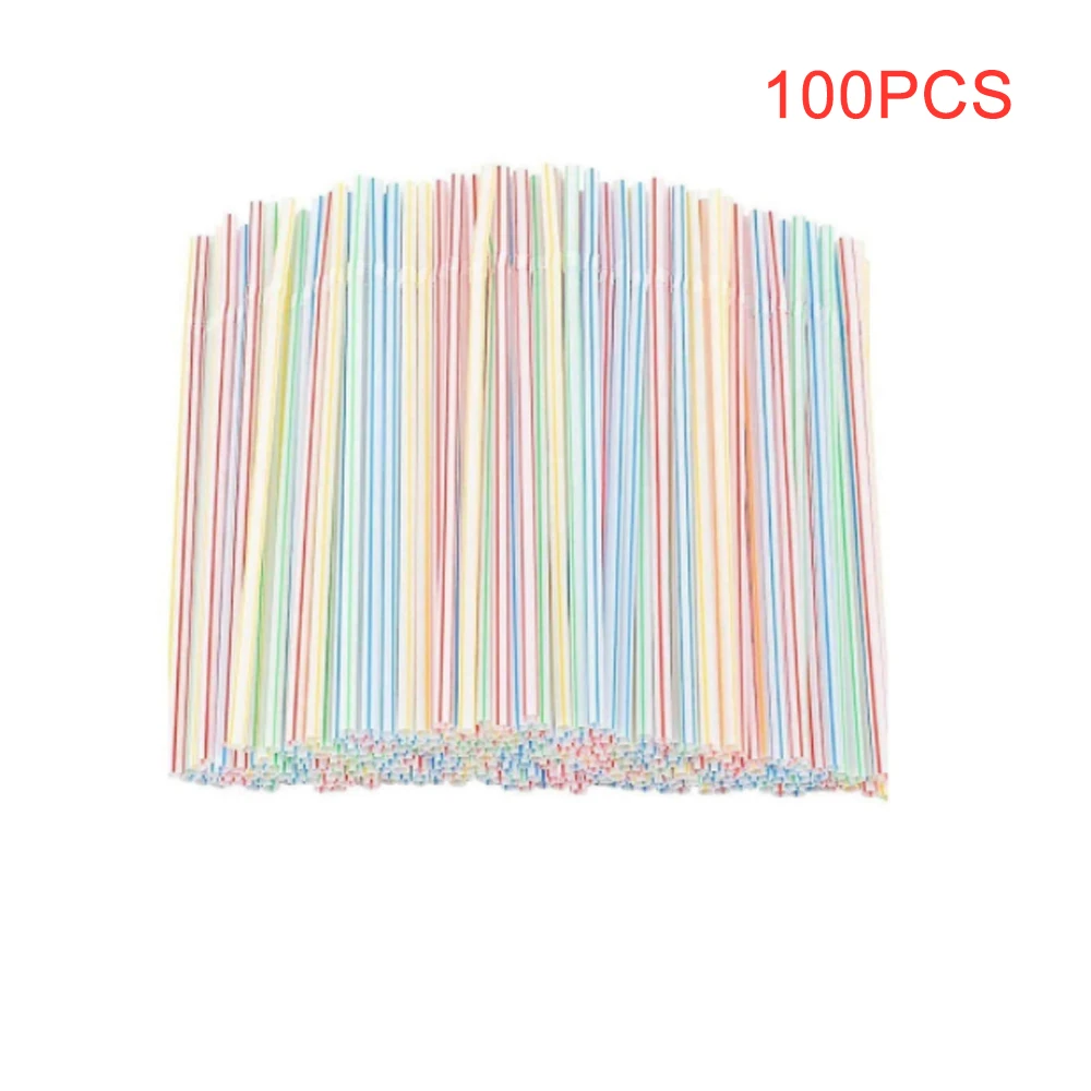 

100pcs Disposable Plastic Drinking Straws Multi-colored Striped Bendable Elbow Straws Party Event Alike Supplies Color Random