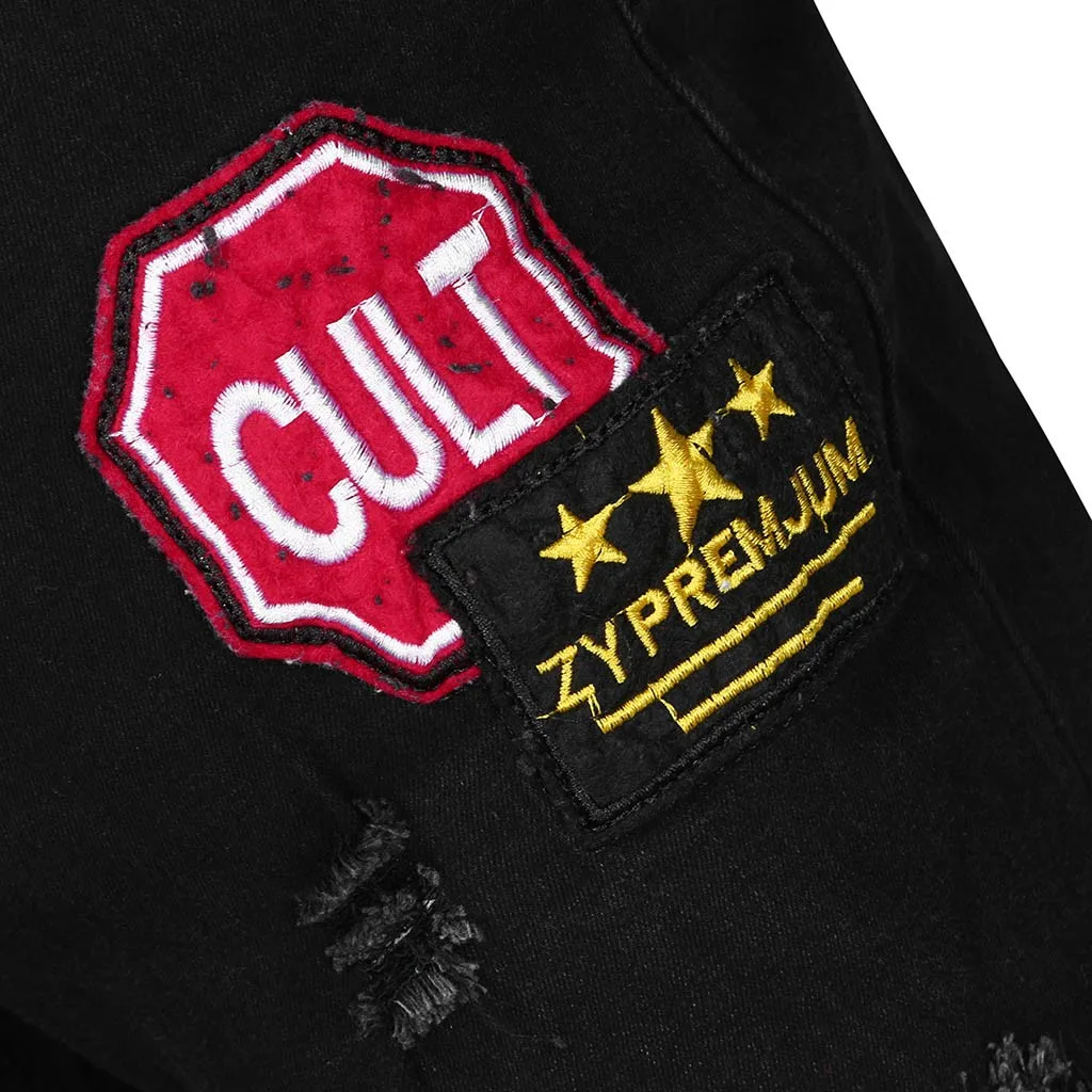 Мужские рваные джинсы с вышивкой синие эластичные облегающие брюки в стиле