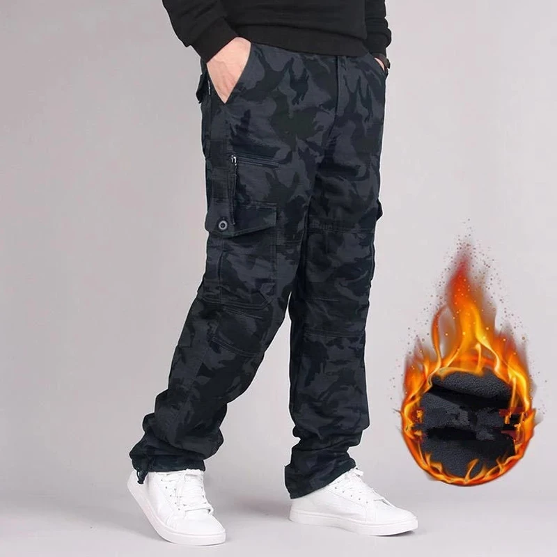 Брюки мужские зимние с флисовой подкладкой хлопковые прямые свободные штаны