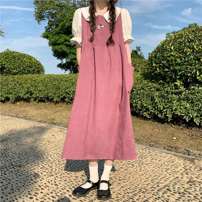 

Japanese Sweet Lolita Style Long Sundress Harajuku Kawaii Cute Sleeveless Embroidered Dress Cute Ruffles Sashes Pink Dresses New