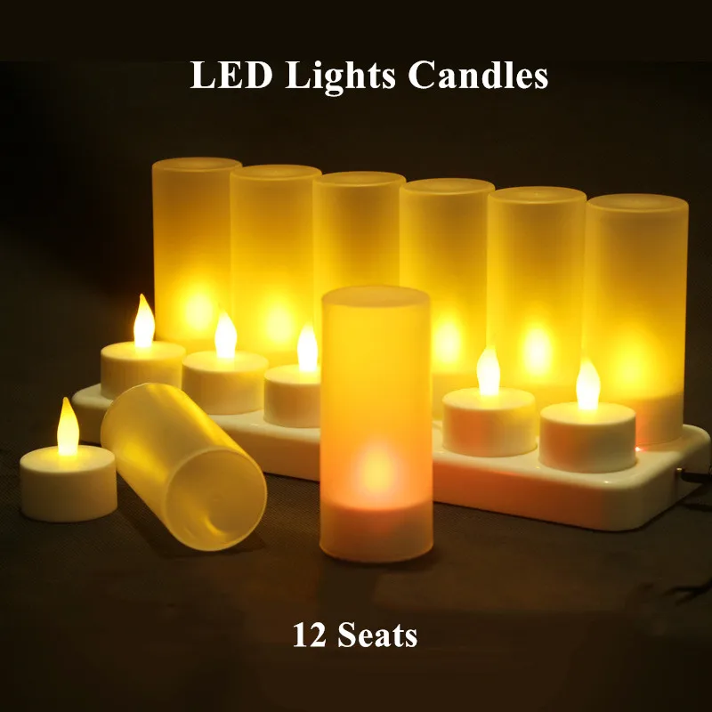 EU/UK/US/AU Plug 12 Seat Rechargeable Flickering LED Yelllow Lights Candle With Holder For Wedding Dinner Partys Flame Shaped | Дом и сад