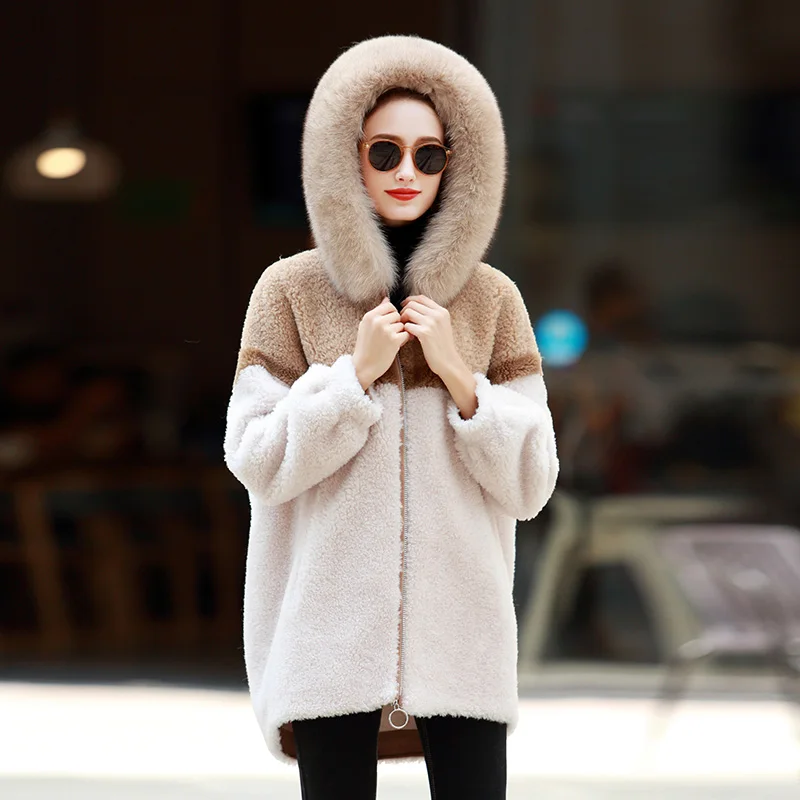 

JCHB 2021 Real Fur Coat 100% Wool Female Jacket Hooded Autumn Winter Clothes Women Warm Fox Fur Collar Fashion Abrigo Mujer Pph