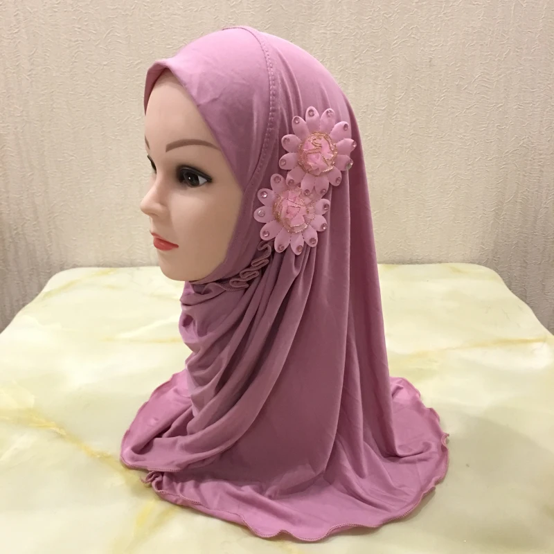 

H081 beautiful small girl Al amira hijab with flowers fit 2-7 years old muslim kids pull on islamic scarf headscarf