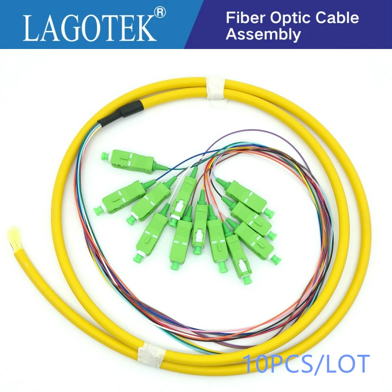 10PCS/LOT  12 Cores 12 colors Fiber 0.9mm 1.2m 9/125 Singlemode SC/APC Bunchy Bundle Pigtail Fiber Optic Pigtail