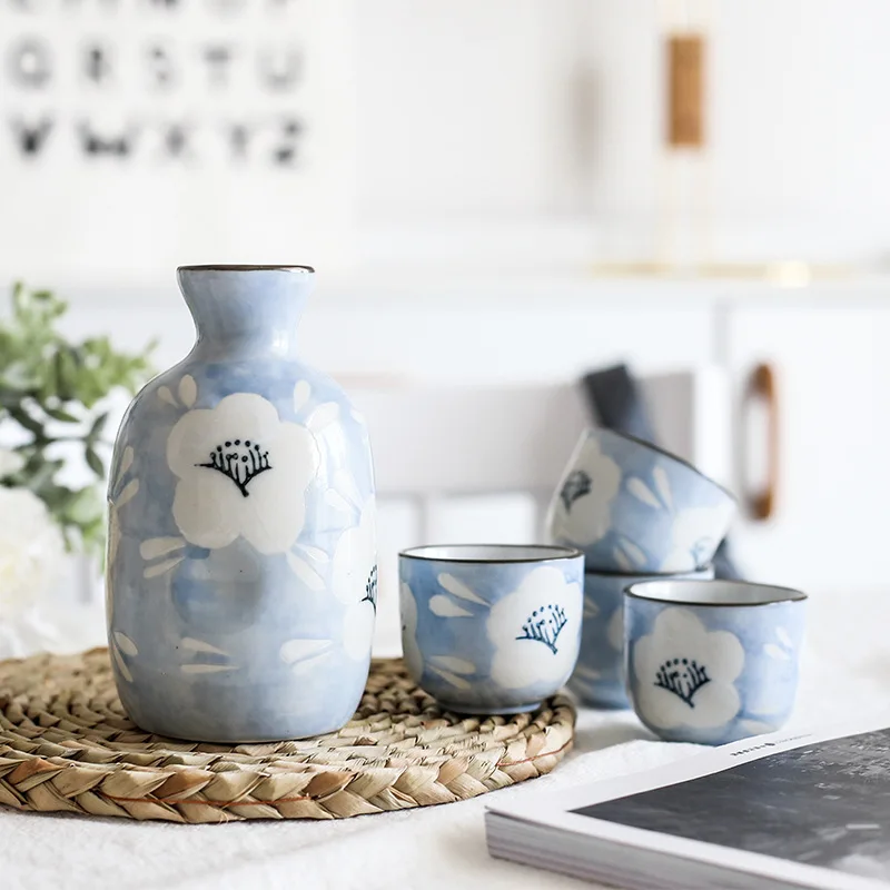 

Japanese Style Sake Set Cup Wine Ceramic Drinking Flower Print Sake Set 5 Pcs Blue Shot Glass Copas De Vino Kitchenware