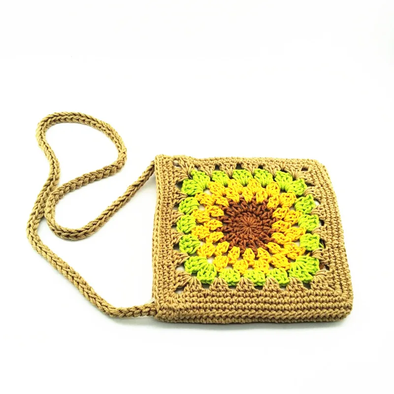 

New Sunflower Knitted Bag Female Hollow Weave Shoulder Bag 2021 Luxury Handbag Small Square Bag Casual Crossbody Messenger Bag