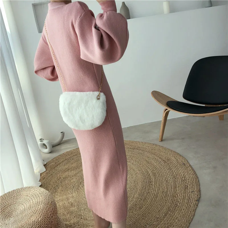 

V-neck Lantern Sleeves Thick Sweater Fur Ladies Elegant Loose Mini Dress Women Fashion Straight Dress 2021 Autumn and Winter