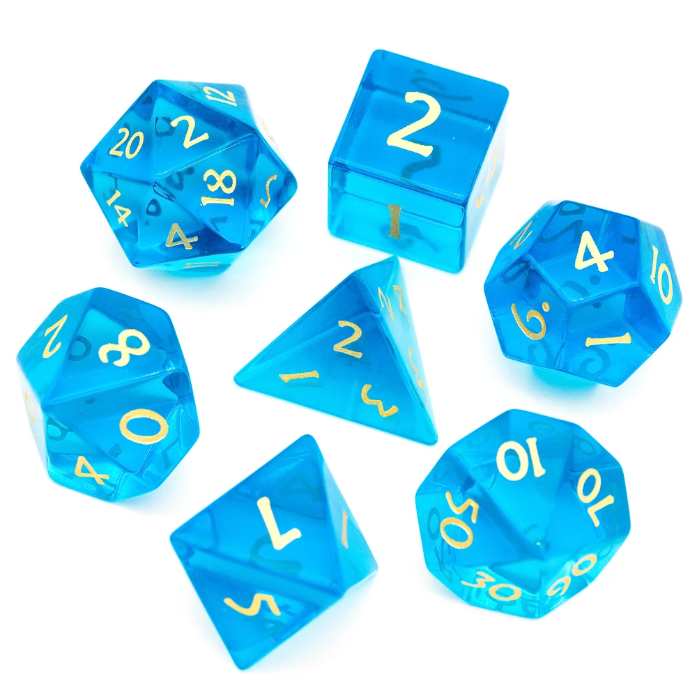 

Cusdie Set of 7 Handmade Glass Dice, 16mm Polyhedral Dice Set, Gemstone Dices for Collection - Blue Transparent