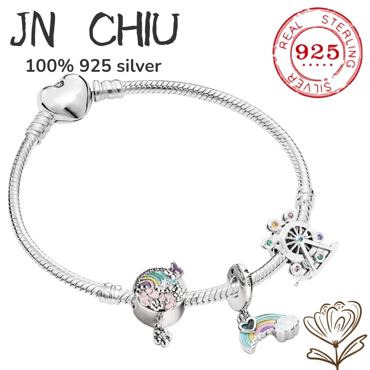 

Rainbow Crystal Ferris wheel fashion charm Beaded Bracelet DIY 925 Sterling Silver Bracelet original gift jewelry for female lov