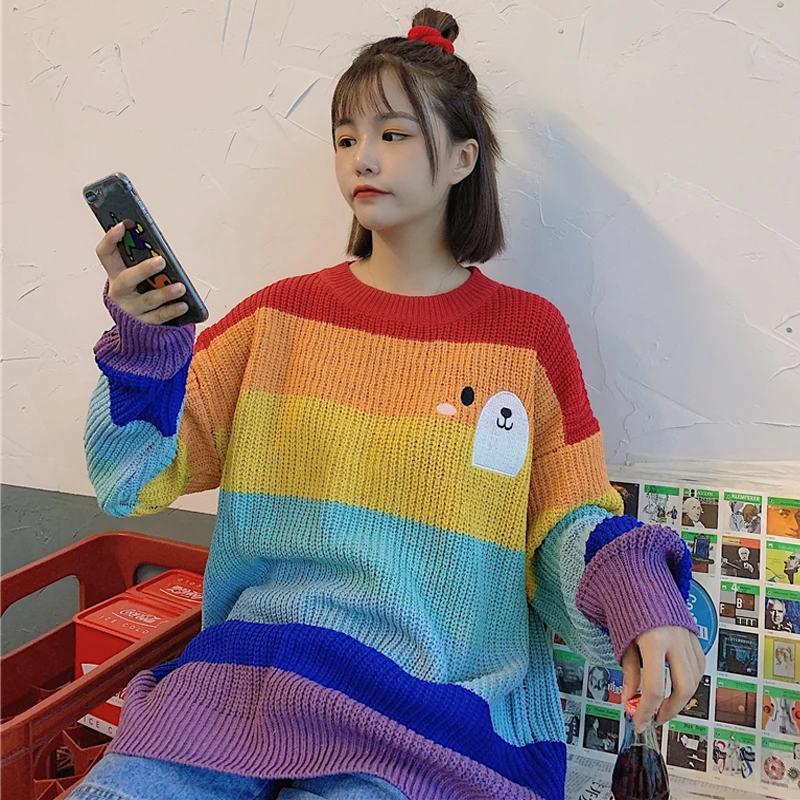 Rainbow Осень Цвет в комплекте из мультфильма симпатичное детское Цветочное платье с вышивкой свитер “Радуга” дял девочек вязанная верхняя одежда для подростков; мягкие сестра пуловер с длинными рукавами - Цвет: Rainbow