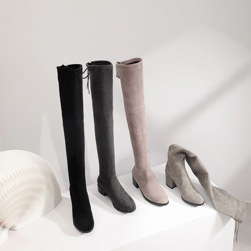 

Original Intention Over-the-Knee Boots Women Flock Sock Boots Bow Knot Winter Boots Round Toe High SquareHeels Black Shoes Woman