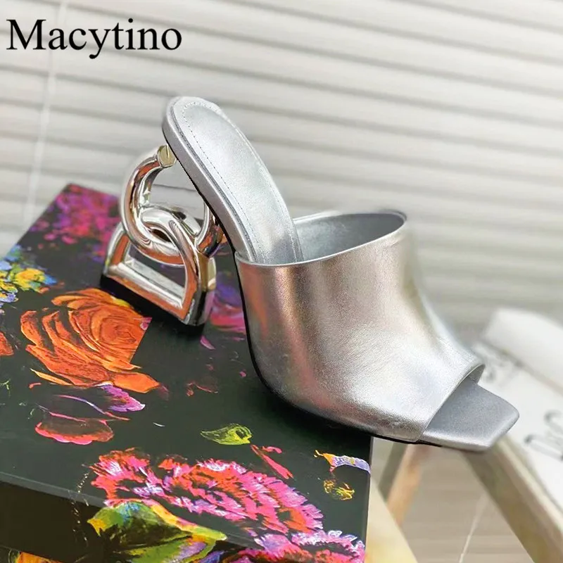 2023 New Strange Metal High Heel Ladies Slippers Summer Square Toe Shallow Mouth Sandals Fashion Party Black Slippers