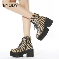 byqdy horse hair lace up chunky heeled boots women ankle buckle strap brown leopard side zipper platform combat boots plus size