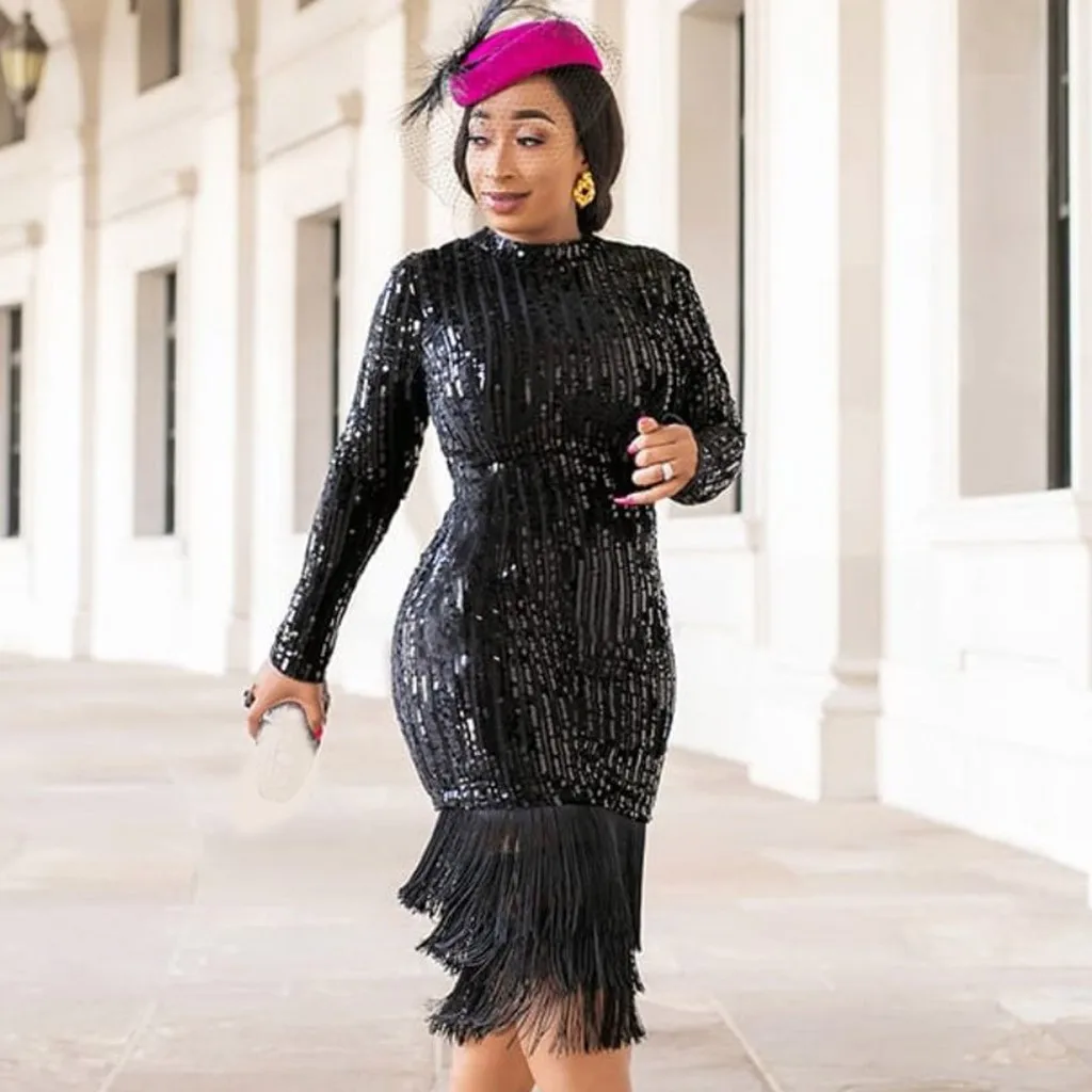 Женское платье с длинным рукавом модное однотонное эластичное блестками и