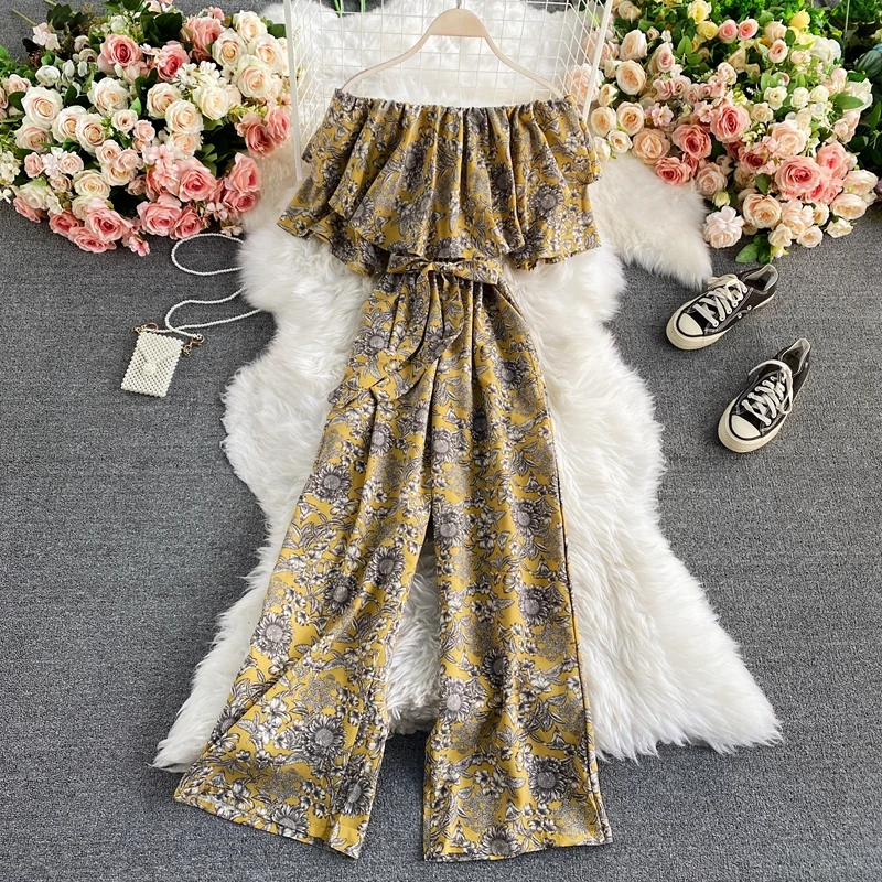 

2021 Summer Women Jumpsuits Printed Flower Off-shoulder Ruffles Hem Lace Up Rompers Jumpsuits Ladies Loose Leg Pants Overalls