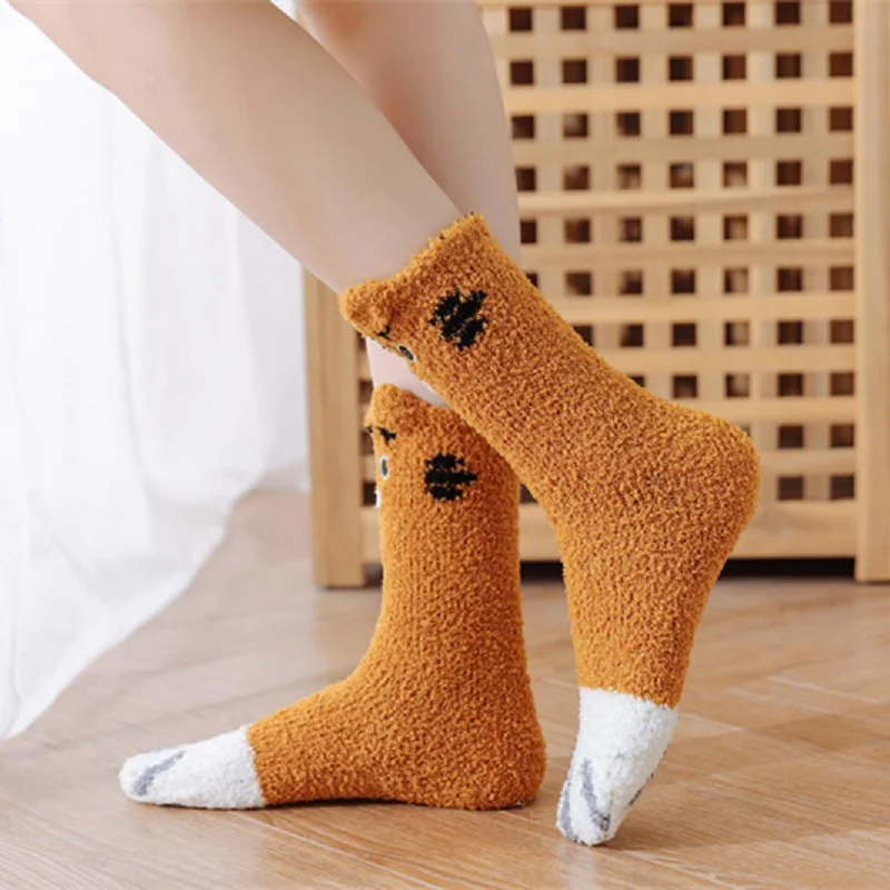 Winter Thick 1 Pair Women Socks Cat Embroided Cartoon Coral fleece Sweet Girl Cute Plush Fluffy Animal Sleep Home Boots Warm | Женская