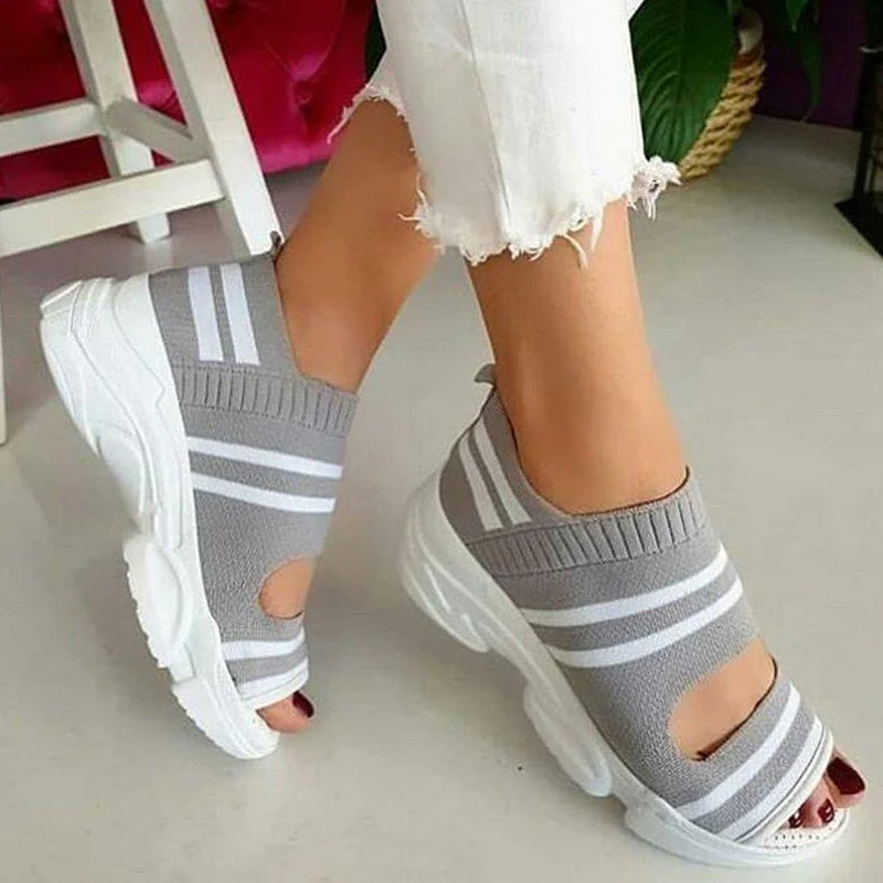 

Сандалии женские на платформе, вязаные босоножки на танкетке, без застежки, открытый носок, повседневные кроссовки, лето 2021