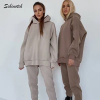 schinotch women 2 pcsset tracksuit crop top hoody and jogger pants solid color fashion streetwear women clothes