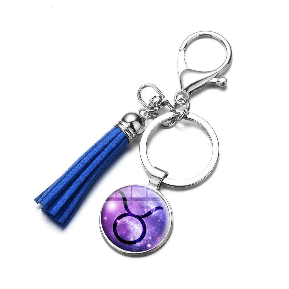 12 созвездий брелок Знаки зодиака кольца для ключей многоцветная кожа кисточка