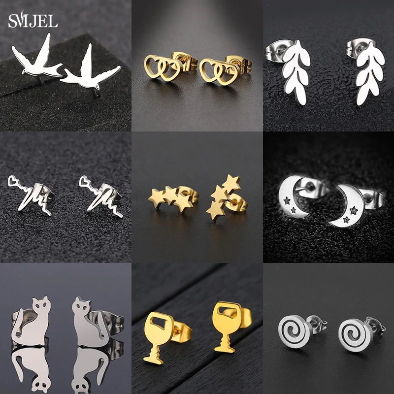 SMJEL Mini Stainless Steel Earrings for Women Men Bohemian Vintage Leaves Dove Triple Star Heart Swirl Earring Piercing Studs
