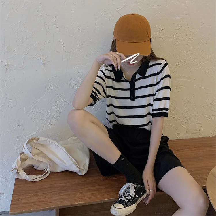 

Slimming Stripes Polo Short-Sleeved Sweater Suit Pants Rac