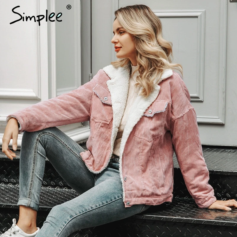 Simplee Повседневная осенне-зимняя Вельветовая куртка для женщин из овечьей шерсти на пуговицах, женские теплые пальто с карманами, верхняя одежда для девушек, теплые парки
