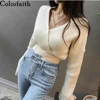 colorfaith 2021 autumn winter women sweater v neck sexy pullovers minimalist short knitted elegant korean ladies jumpers sw8556