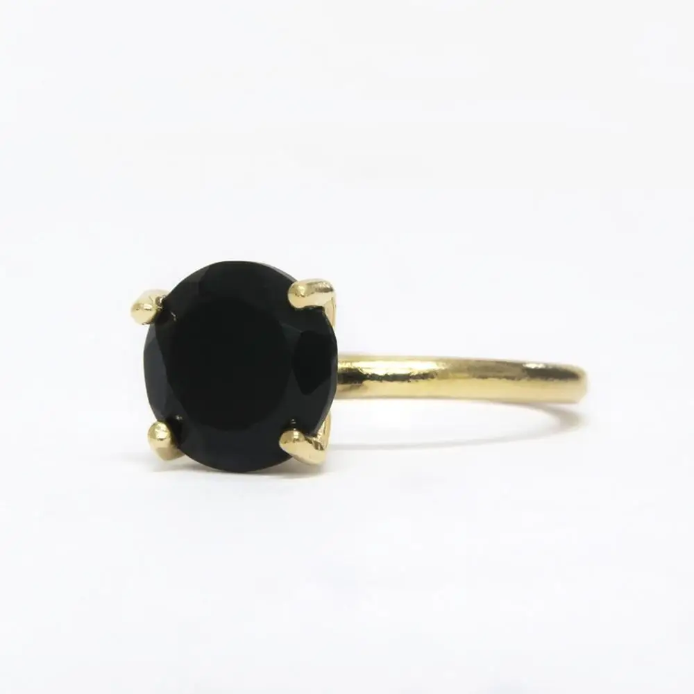 

Simple Round Onyx Gold Cocktail Ring Delicate Black Crystal Stone Solitaire Engagement Rings Birthstone Birthday Gift