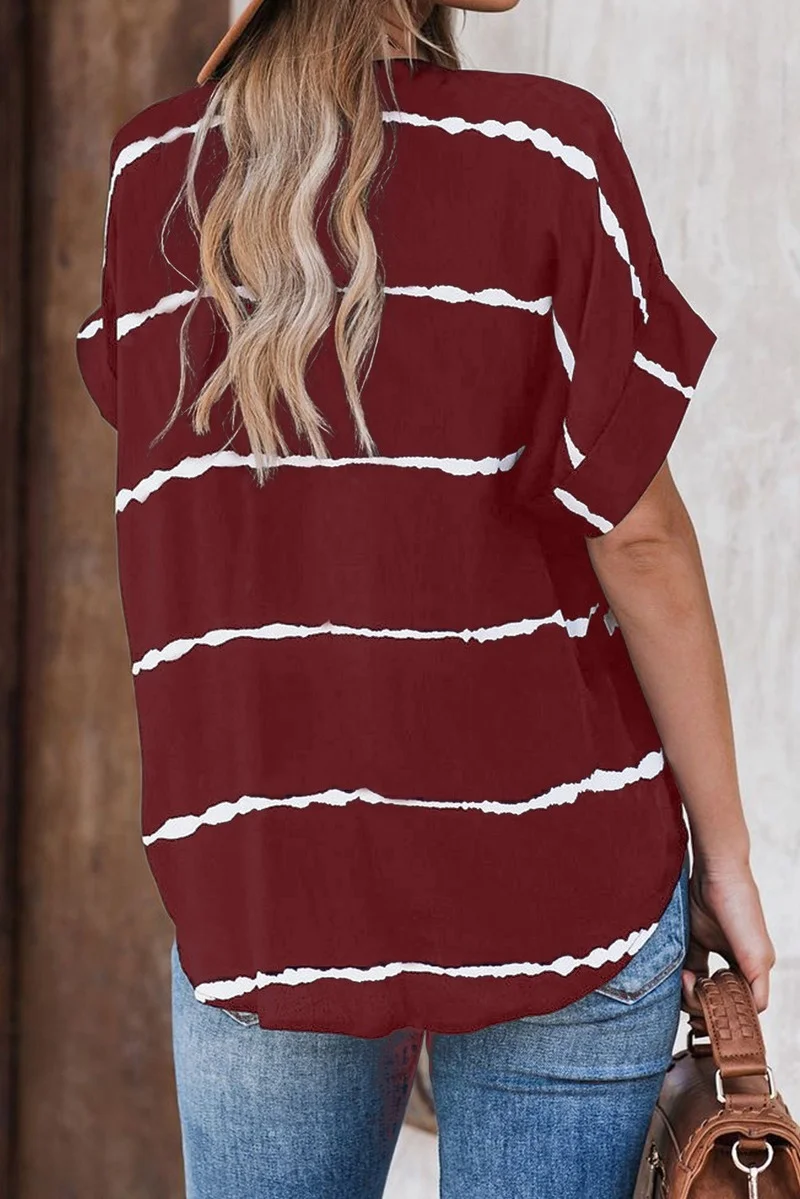 

WEPBEL Women Summer Stripe Loose Shirt Top Ladies Casual Fashion Short Sleeve V Neck Single Breasted Blouse T-shirt