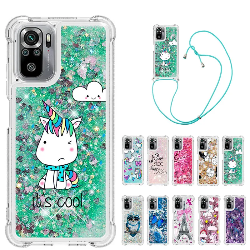 

Strap Lanyard Cartoon Phone Case For Xiaomi Redmi Note 10 Pro Max Note 10S 9 9T 5G TPU Soft Glitter Liquid Quicksand Back Cover