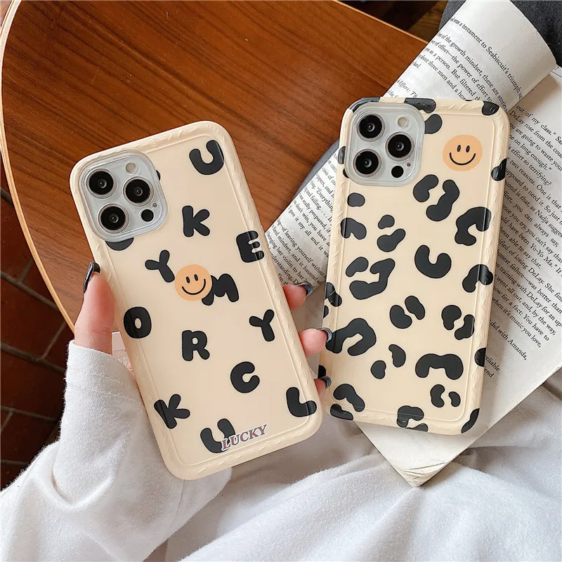 

Stylish Leopard Smile letters Phone Case For iPhone 12 11 Pro Max 7 Plus 8 Plus X XS XR XSMax Cases Smile Back Cover Coque