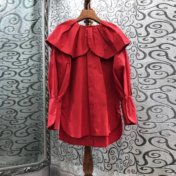 

2021 New Ruffled Shoulder Long Sleeve Shirt Loose Slimming Round Neck Shirt Solid Color High Street Irregular Hem Blouse