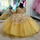 Золотые платья для маленьких девочек, прозрачное бальное платье с круглым вырезом и 3D аппликацией, кружевные платья для конкурса, платье для младенцев, девочек для дня рождения и причастия