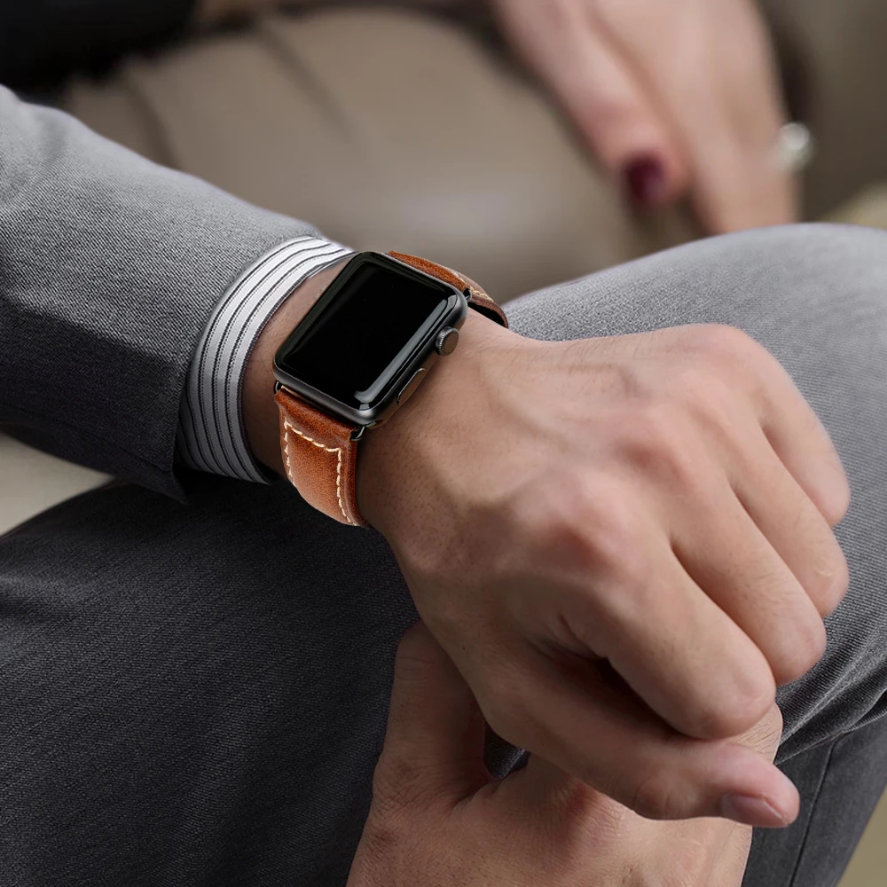 Vintage Bracelet Cow Leather Band For Apple Watch 45mm 44mm 40mm 42mm 41mm Series 7 6 SE 5 4 3 For iWatch Apple Watch Strap