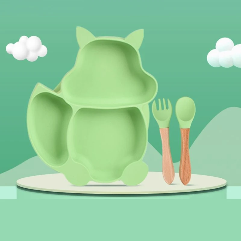 

T5EC 5 Pcs Baby Silicone Bibs Squirrel Divided Dinner Plate Sucker Bowl Spoon Fork Set Training Feeding Food Utensil Dishes Kit