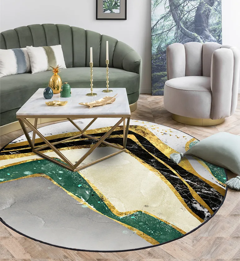 

Fashionable modern abstract green landscape ink gold line wild goose round living room bedroom Mat Carpet