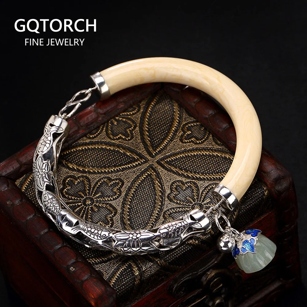

Genuine Solid 990 Silver Bracelet Women Bangles With Ivory Nut Fish Engraved Ethnic Boho Buddha Prayer Manchette Bracelet Femme